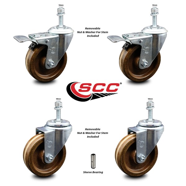 Service Caster 4 Inch High Temp Phenolic Swivel 10mm Stem Caster Total Lock Brake SCC, 2PK SCC-TSTTL20S414-PHSHT-M1015-2-S-2 - main